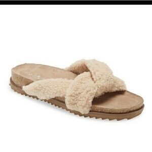 Treasure & Bond Tan Fuzzy Faux Fur Cork Slide Sandals Slip-On Cozy